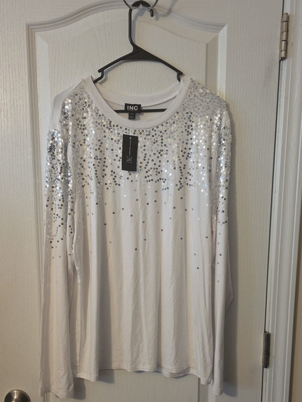 INC International Concepts White Sequin Long Sleeve Dress Top